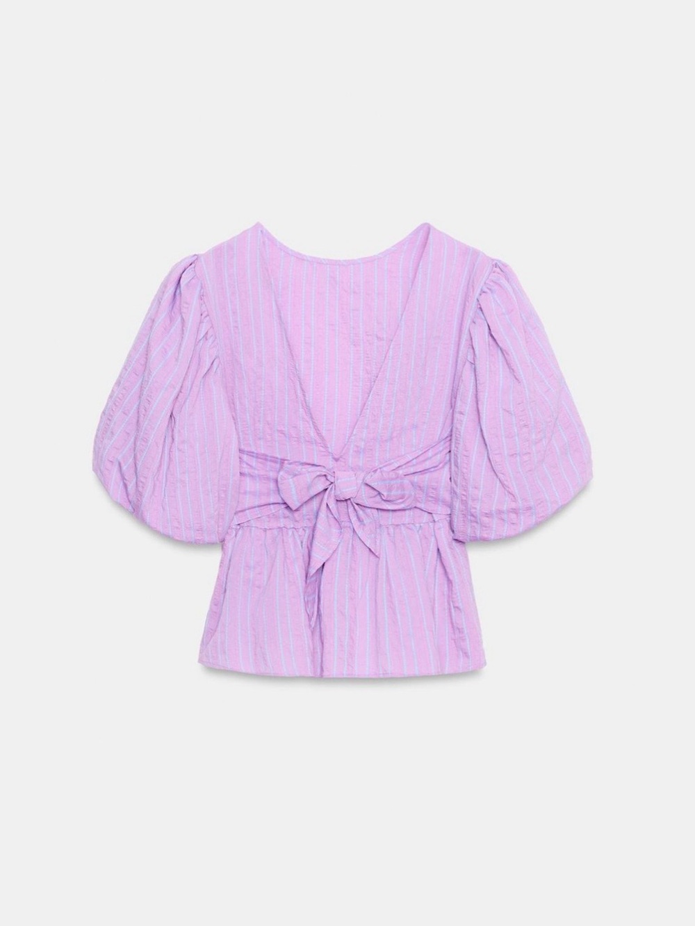 Zara Lilac Striped Puff-Sleeve Peplum Blouse - Picture 2 of 9